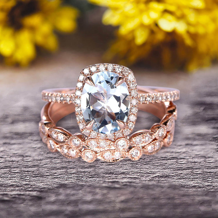 4 Carat Oval Cut Aquamarine Engagement Ring 10k Rose Gold With Art Deco Vintage Looking Matching Wedding Band