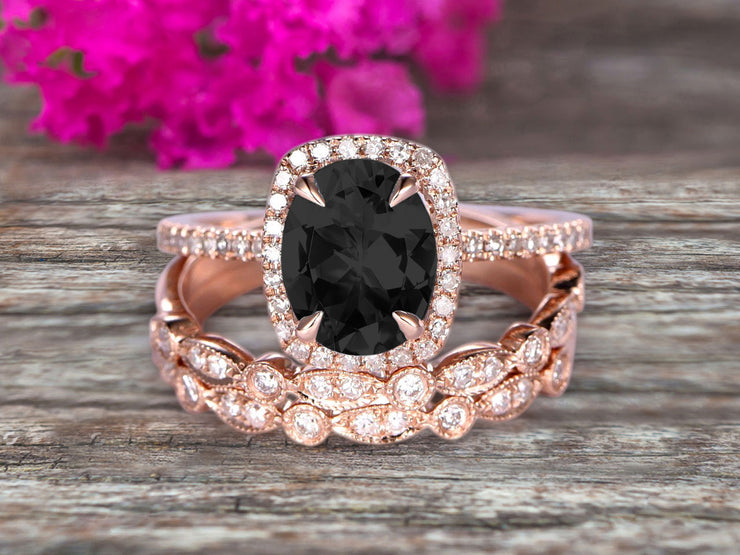 4 Carat Oval Cut Black Diamond Moissanite Engagement Ring 10k Rose Gold With Art Deco Vintage Looking Matching Wedding Band