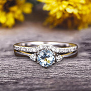 1.5 Carat Round Cut Aquamarine Engagement Ring 10k White Gold With Art Deco Vintage Looking Matching Wedding Band