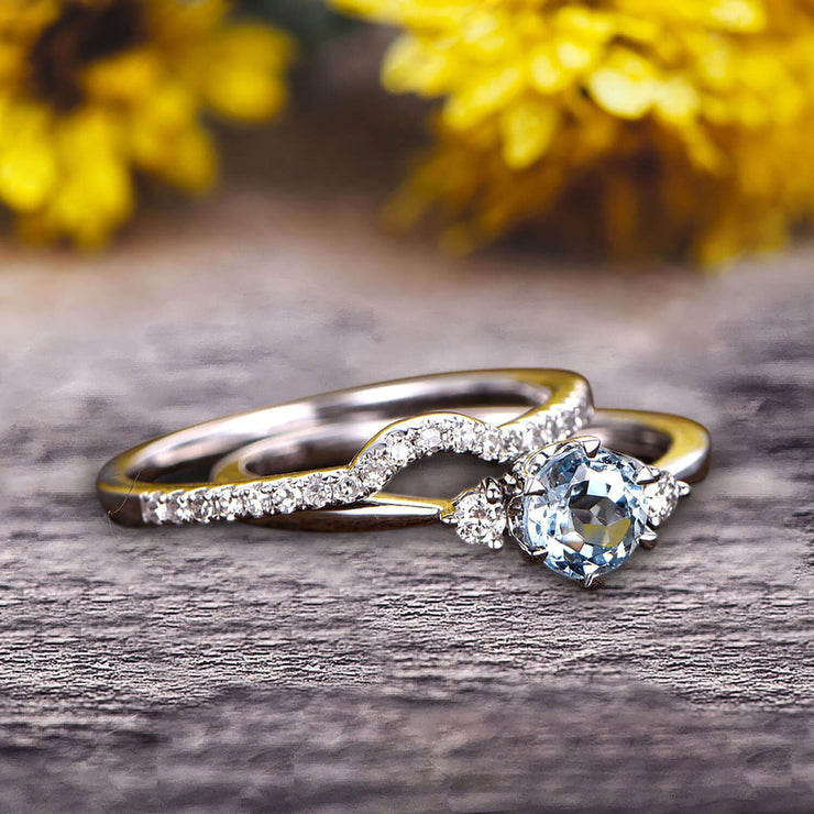 1.5 Carat Round Cut Aquamarine Engagement Ring 10k White Gold With Art Deco Vintage Looking Matching Wedding Band