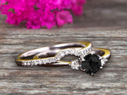1.5 Carat Round Cut Black Diamond Moissanite Engagement Ring 10k White Gold With Art Deco Vintage Looking Matching Wedding Band