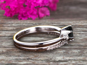 1.5 Carat Round Cut Black Diamond Moissanite Engagement Ring 10k White Gold With Art Deco Vintage Looking Matching Wedding Band