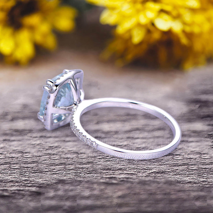 Woman Aquamarine Engagement Ring | Cushion Diamond Halo | Large