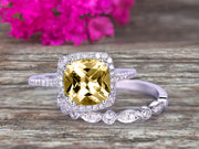 1.75 Carat Cushion Cut Vintage Looking Champagne Diamond Moissanite Bridal Ring with Wedding Band on 10k White Gold 