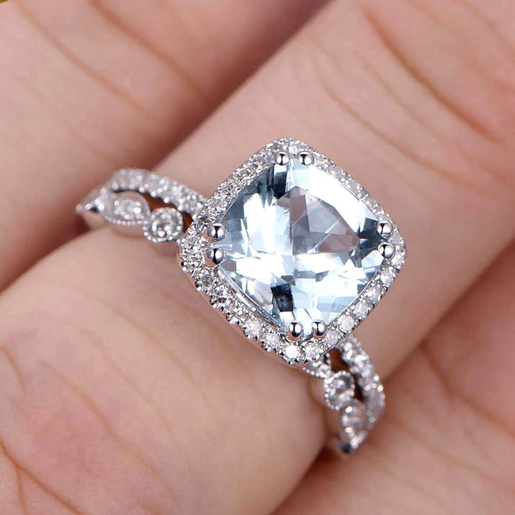 Aquamarine & Diamond Ring 1/10 ct tw Cushion/Round-cut 10K Rose Gold | Kay