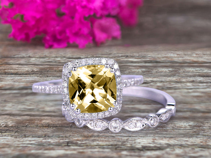 1.75 Carat Cushion Cut Vintage Looking Champagne Diamond Moissanite Bridal Ring with Wedding Band on 10k White Gold 