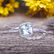 1.75 Carat Cushion Cut Vintage Looking Natural Aquamarine Bridal Ring with Wedding Band on 10k White Gold 