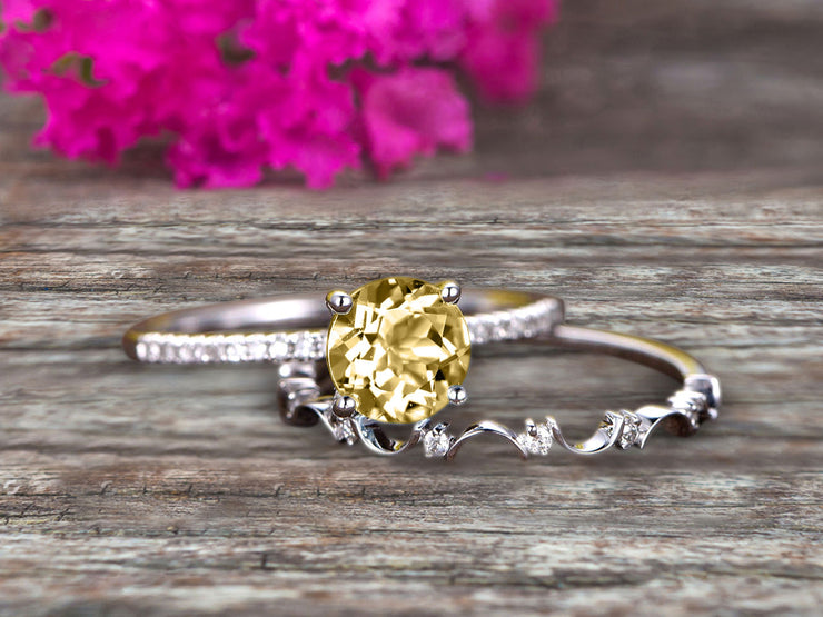 Art Deco 1.50 Carat Round Cut Champagne Diamond Moissanite Ring Set Engagement Ring on 10k White Gold