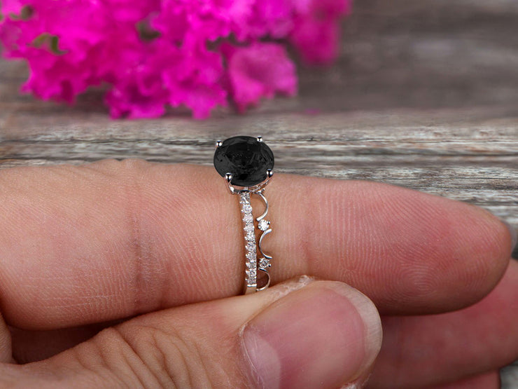 Art Deco 1.50 Carat Round Cut Natural Blue Black Diamond Moissanite Ring Set Engagement Ring on 10k White Gold