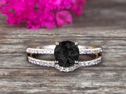 1.50 Carat Round Cut Black Diamond Moissanite Engagement Ring On 10k White Gold With Wedding Band