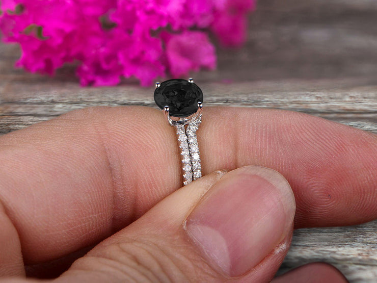 1.50 Carat Round Cut Black Diamond Moissanite Engagement Ring On 10k White Gold With Wedding Band