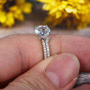 1.50 Carat Round Cut Aquamarine Engagement Ring On 10k White Gold With Wedding Band