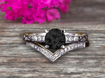 Round Cut 1.50 Carat Black Diamond Moissanite Bridal Ring Set Anniversary Gift With Stacking Matching Wedding Band 10k White Gold Art Deco 