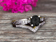 Round Cut 1.50 Carat Black Diamond Moissanite Bridal Ring Set Anniversary Gift With Stacking Matching Wedding Band 10k White Gold Art Deco 