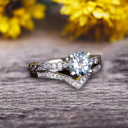 Round Cut 1.50 Carat Aquamarine Bridal Ring Set Anniversary Gift With Stacking Matching Wedding Band 10k White Gold Art Deco 