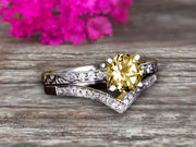 Round Cut 1.50 Carat Champagne Diamond Moissanite Bridal Ring Set Anniversary Gift With Stacking Matching Wedding Band 10k White Gold Art Deco 
