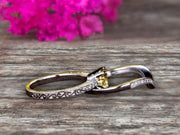 Round Cut 1.50 Carat Champagne Diamond Moissanite Bridal Ring Set Anniversary Gift With Stacking Matching Wedding Band 10k White Gold Art Deco 