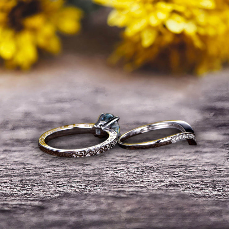 Round Cut 1.50 Carat Aquamarine Bridal Ring Set Anniversary Gift With Stacking Matching Wedding Band 10k White Gold Art Deco 