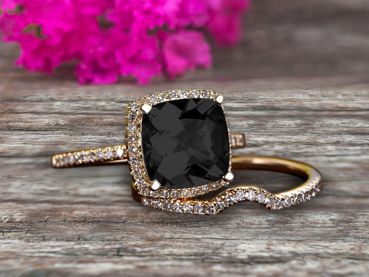 1.75 Carat Cushion Cut Black Diamond Moissanite Engagement Ring Anniversary Gift With Matching Band On 10k Rose Gold Halo Design 