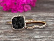 1.75 Carat Cushion Cut Black Diamond Moissanite Engagement Ring Anniversary Gift With Matching Band On 10k Rose Gold Halo Design 