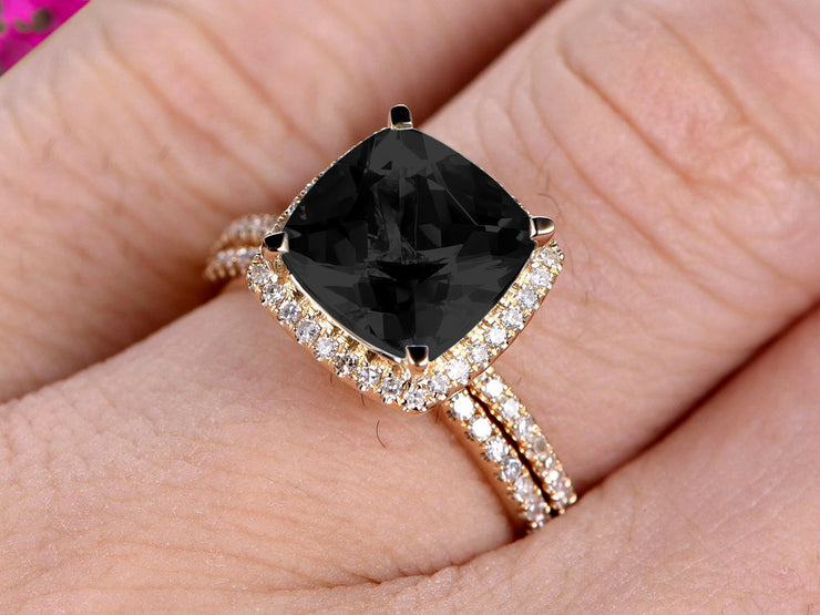 1.75 Carat Cushion Cut Black Diamond Moissanite Engagement Ring Anniversary Gift With Matching Band On 10k Rose Gold Halo Design 