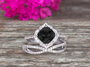 10k White Gold 1.75 Carat Cushion Cut Black Diamond Moissanite Engagement Rings With Twisted Wedding Band Diamonds Halo Design Art Deco