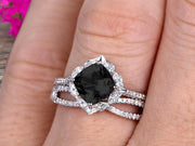 10k White Gold 1.75 Carat Cushion Cut Black Diamond Moissanite Engagement Rings With Twisted Wedding Band Diamonds Halo Design Art Deco
