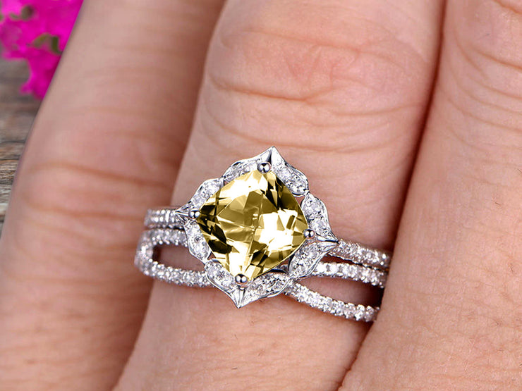 10k White Gold 1.75 Carat Cushion Cut Champagne Diamond Moissanite Engagement Rings With Twisted Wedding Band Diamonds Halo Design Art Deco