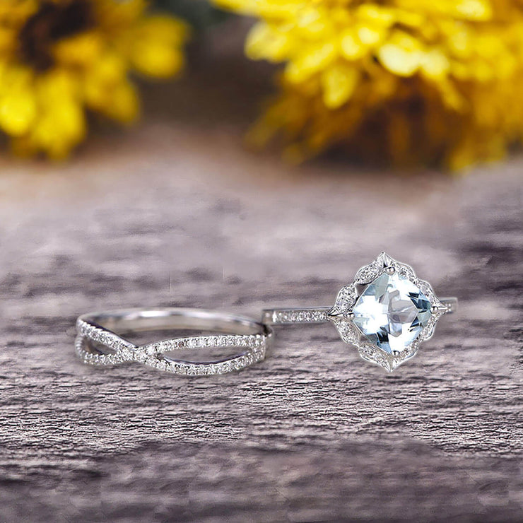 10k White Gold 1.75 Carat Cushion Cut Aquamarine Engagement Rings With Twisted Wedding Band Diamonds Halo Design Art Deco