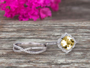 10k White Gold 1.75 Carat Cushion Cut Champagne Diamond Moissanite Engagement Rings With Twisted Wedding Band Diamonds Halo Design Art Deco