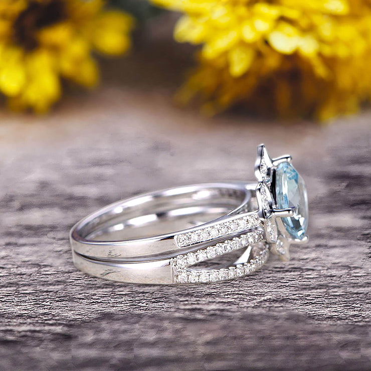 10k White Gold 1.75 Carat Cushion Cut Aquamarine Engagement Rings With Twisted Wedding Band Diamonds Halo Design Art Deco