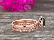 10k Rose Gold 1.75 Carat Round Cut Black Diamond Moissanite Engagement Rings With Two Matching Wedding Band Diamonds Halo Design Art Deco