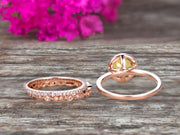 10k Rose Gold 1.75 Carat Round Cut Champagne Diamond Moissanite Engagement Rings With Two Matching Wedding Band Diamonds Halo Design Art Deco