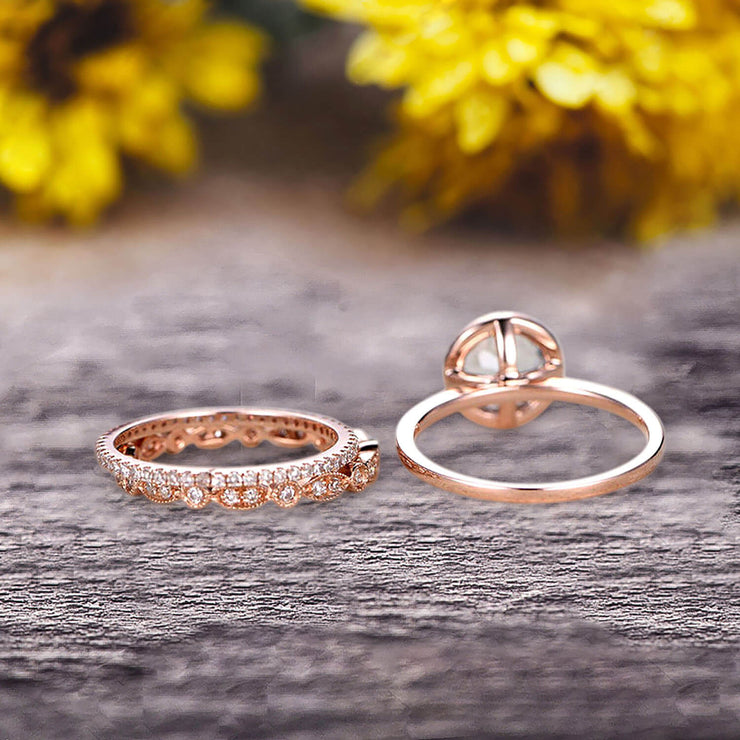 10k Rose Gold 1.75 Carat Round Cut Aquamarine Engagement Rings With Two Matching Wedding Band Diamonds Halo Design Art Deco