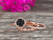 10k Rose Gold 1.75 Carat Round Cut Black Diamond Moissanite Engagement Rings With Two Matching Wedding Band Diamonds Halo Design Art Deco