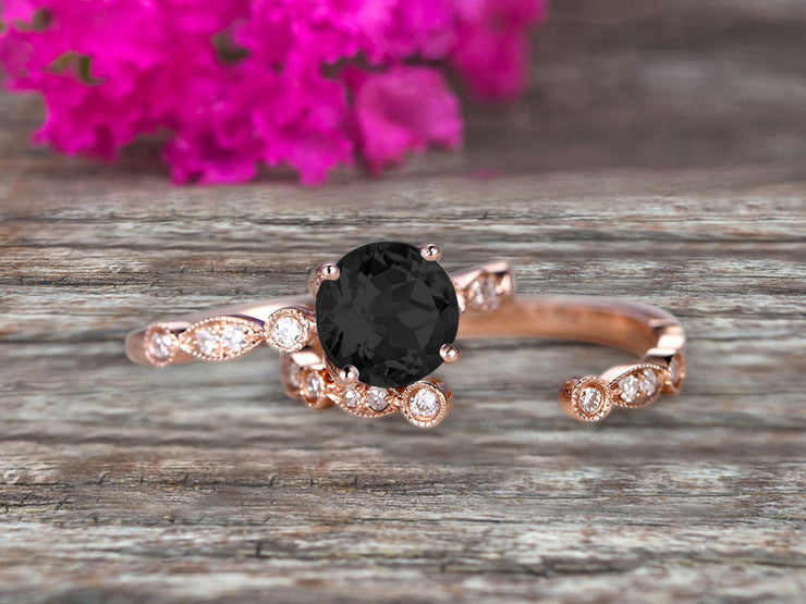 Vintage Looking 10k Rose Gold 1.50 Carat Round Cut Natural Black Diamond Moissanite Engagement Rings With Unique Matching Wedding Band Art Deco