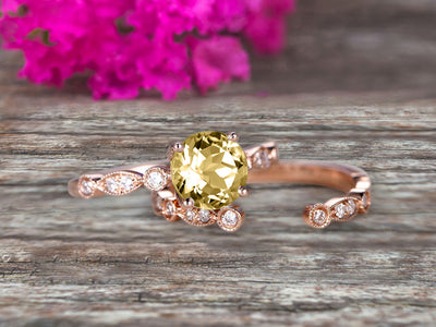 Vintage Looking 10k Rose Gold 1.50 Carat Round Cut Champagne Diamond Moissanite Engagement Rings With Unique Matching Wedding Band Art Deco