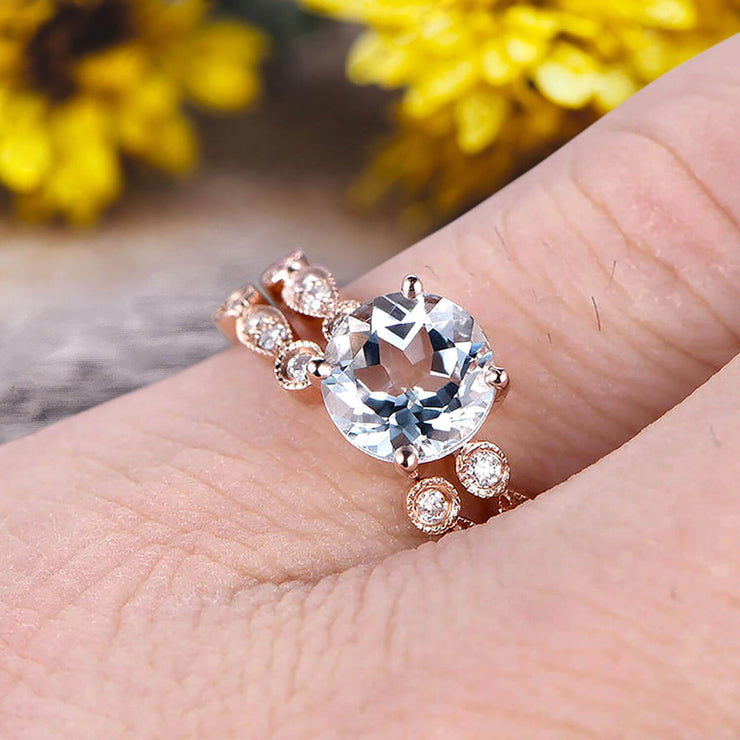 Vintage Looking 10k Rose Gold 1.50 Carat Round Cut Natural Aquamarine Engagement Rings With Unique Matching Wedding Band Art Deco