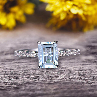 Art Deco 10k White Gold 1.25 Carat Emerald Cut Natural Aquamarine Engagement Ring Anniversary Gift