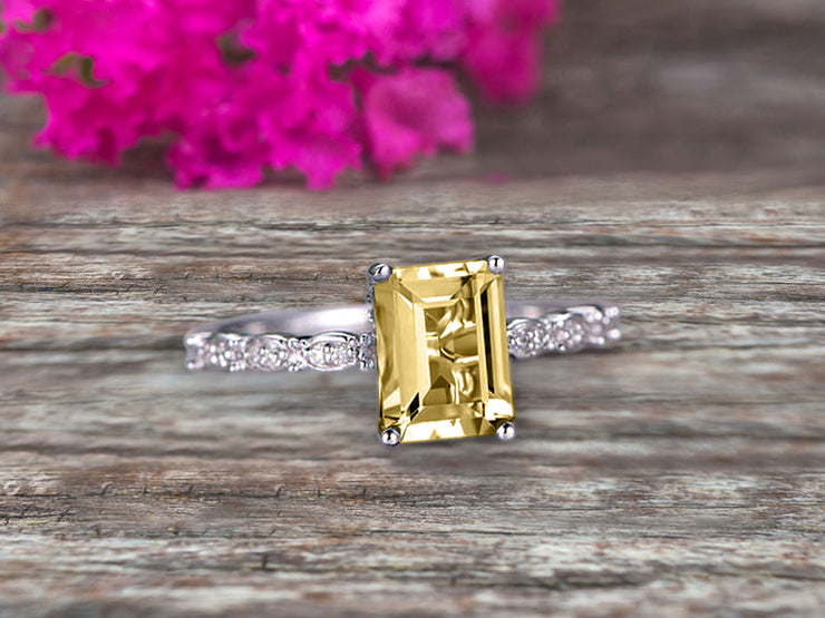Art Deco 10k White Gold 1.25 Carat Emerald Cut Champagne Diamond Moissanite Engagement Ring Anniversary Gift