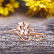 Halo 2 Pcs 10k Rose Gold 1.75 Carat Cushion Cut Morganite Engagement Ring Set Custom Made Flaming Jewelry Twisted Across Matching Band Art Deco Anniversary Ring