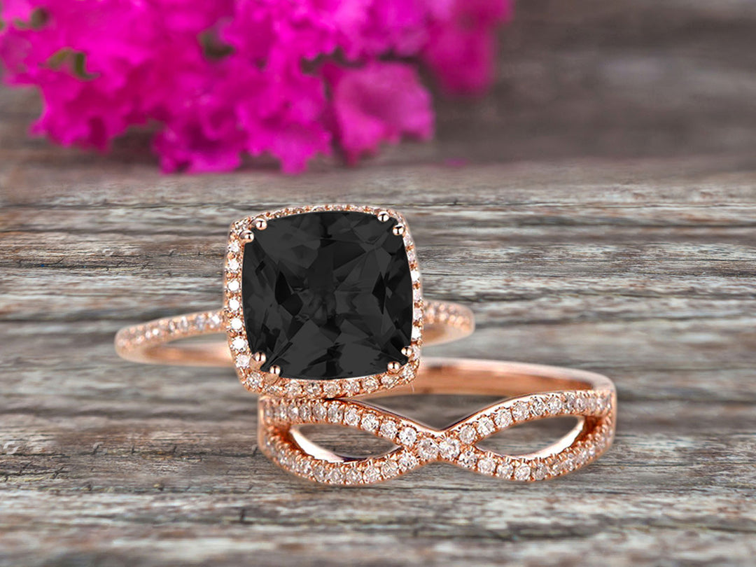 Halo 2 Pcs 10k Rose Gold 1.75 Carat Cushion Cut Black Diamond Moissani agemz