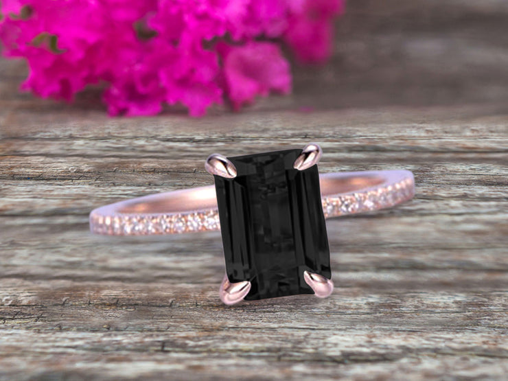 1.25 Carat Emerald Cut Natural Black Diamond Moissanite Engagement Ring Custom Ring 10K Black Diamond Moissanite Rose gold Ring