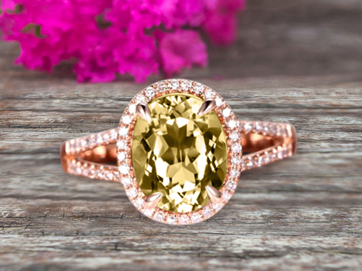 Oval Cut 10k Rose Gold Champagne Diamond Moissanite Halo Engagement Ring With 1.5 Carat Split Shank