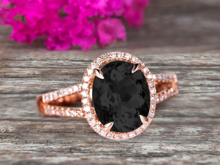Oval Cut 10k Rose Gold Black Diamond Moissanite Halo Engagement Ring With 1.5 Carat Split Shank