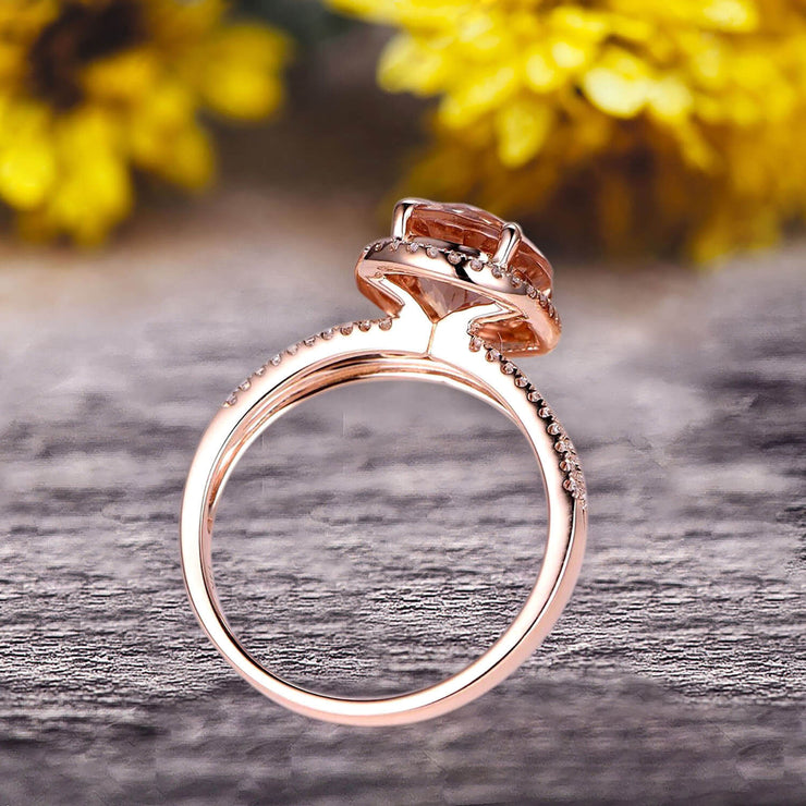 Oval Cut 10k Rose Gold Morganite Halo Engagement Ring With 1.5 Carat Split Shank