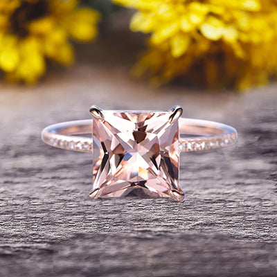 Art Deco 1.25 Carat Morganite Pricess Cut Engagement Ring Wedding Ring On 10k Rose Gold