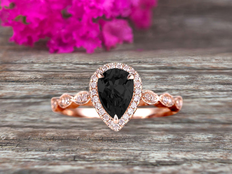 1.50 Carat Pear Shape Black Diamond Moissanite Engagement Ring Promise Ring Anniversary Ring On 10k Rose gold Art Deco Ring