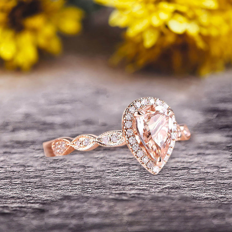 1.50 Carat Pear Shape Morganite Engagement Ring Promise Ring Anniversary Ring On 10k Rose gold Art Deco Ring