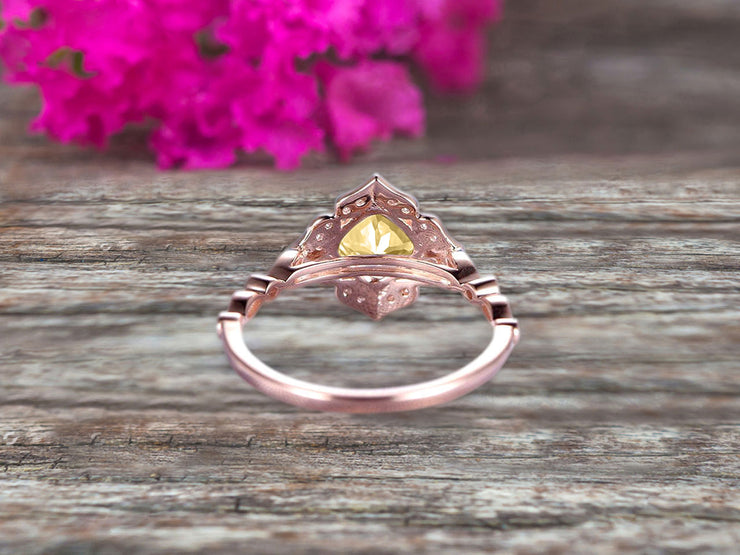 10k Rose Gold Champagne Diamond Moissanite Halo Engagement Ring With Cushion Cut 1.50 Carat Milgrain Art Deco